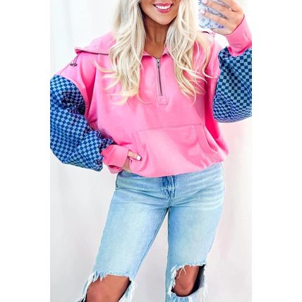 Bonbon Checkered Patchwork Kangaroo Pocket Half Zipper Hoodie
