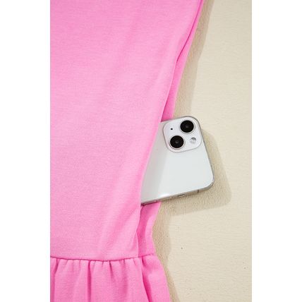 Pink Contrast Striped Collar Patchwork Puff Sleeve Ruffle Hem Mini Dress