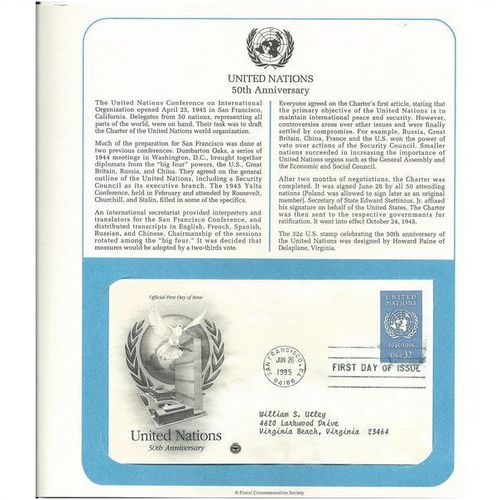 UNITED NATIONS 50th Anniversary ' OFFICIAL FIRST DAY of ISSUE ' (1995)