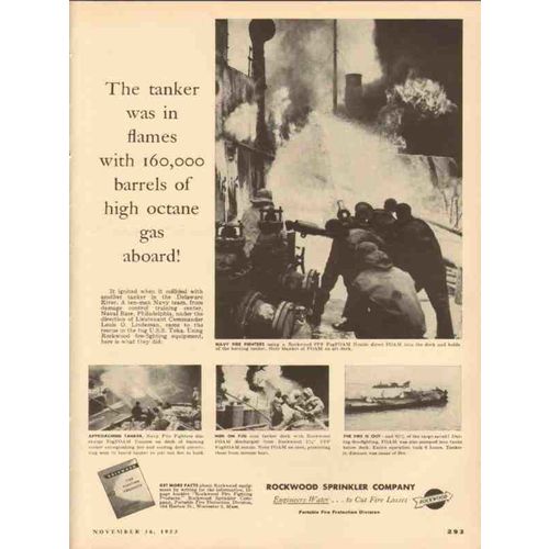 rockwood sprinkler company 1953 tanker flames fire fighting vintage ad