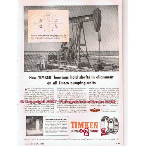 TIMKEN ROLLER BEARING COMPANY 1955 oil well Emsco pumping vintage ad