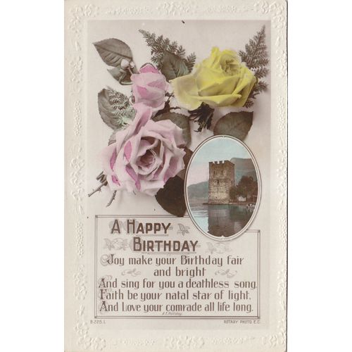 Vintage Colour Postcard - Happy Birthday Poem & Roses pub Rotary