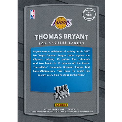 2017-18 Donruss Rated Rookie Green Flood 160 Thomas Bryant RC Los Angeles Lakers