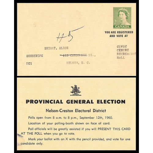 Canada 2nd Karsh Postal Card #P91b Politics Nelson Creston BC Election Card 1960