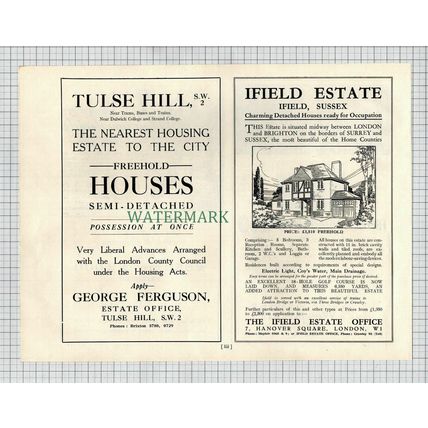 (X1725) Ifield Estate Sussex / Purley Downs Golf Course JP Warren- 1927 Cutting