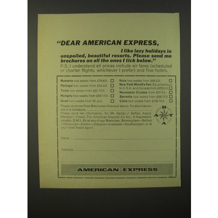 1964 American Express Ad - Dear American Express, I like lazy holidays