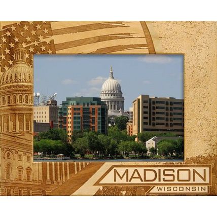 Madison Wisconsin with American Flag Laser Engraved Wood Picture Frame (5 x 7)