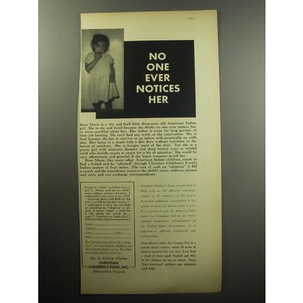 1957 Christian Children's Fund Ad - No one ever notices her