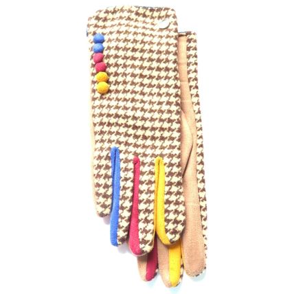 Equilibrium Ladies Gloves Houndstooth Brown & Cream Fabric Colourful Fingers