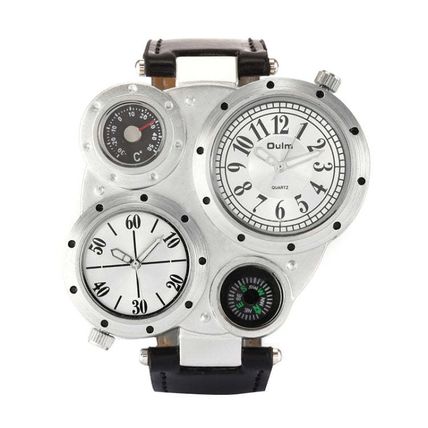 Oulm 9415 Double Time Zone Men Belt Watch Big Dial Compass Quartz Watch, 9415 Wh