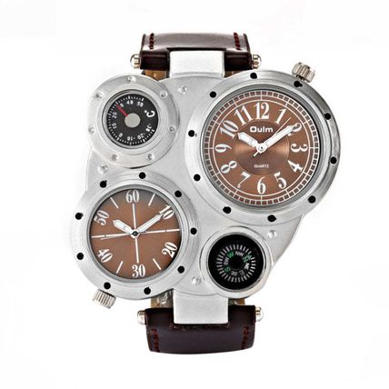Oulm 9415 Double Time Zone Men Belt Watch Big Dial Compass Quartz Watch, 9415 Wh