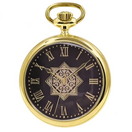 14K Gold Plated Men Big Heavy Brass Pocket Watch Black Dial Black Onyx