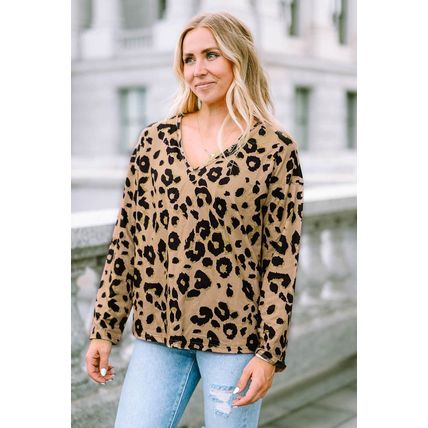 Brown Leopard Split Joint V Neck Long Sleeve Tops