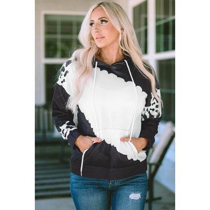 Black Cow Tie Dye Print Pocketed Drawstring Pullover Hoodie