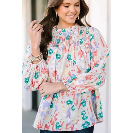 Multicolor Printed Frilled Neck Smocked Loose Blouse
