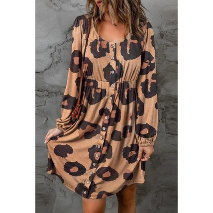 Leopard Print Button Front Bubble Sleeve Loose Knit Dress