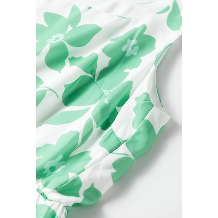 Green Flower Print Knotted Straps Square Neck Romper