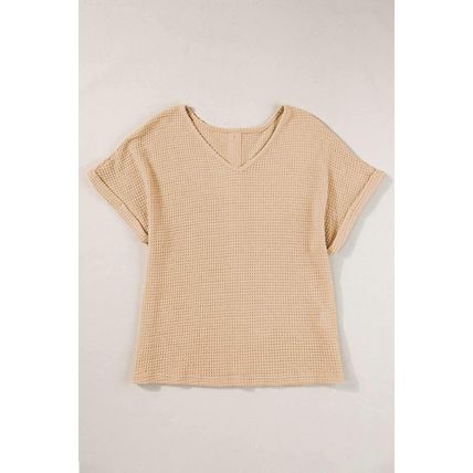 Oatmeal Textured Knit Button Back Cuffed Sleeve Tee