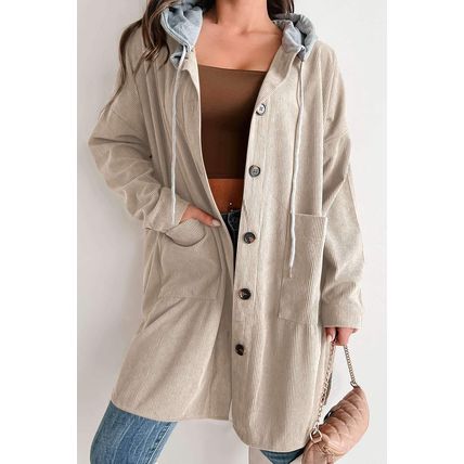 Beige Oversized Corduroy Contrast Hooded Shacket