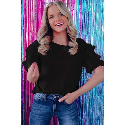 Black Tulle Ruffle Sleeve Blouse