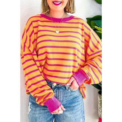 Orange Stripe Trimmed Round Neck Drop Shoulder Loose Sweater