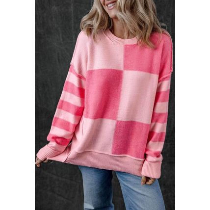 Pink Checkered Colorblock Striped High Low Loose Sweater