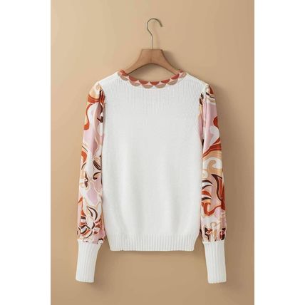 White Floral Patch Bishop Sleeve Sweater