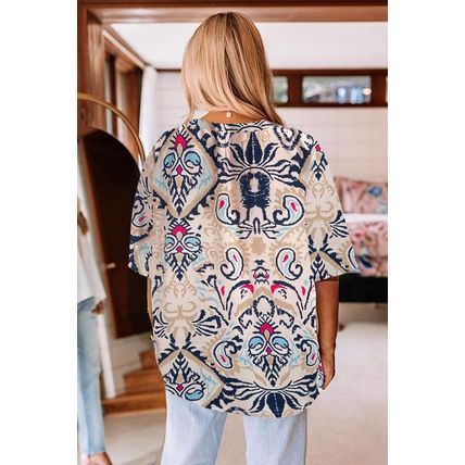 White Abstract Printed Notched V Neck Split Half Sleeve Blouse