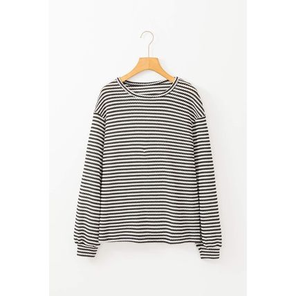 Black Stripe Round Neck Drop Shoulder Long Sleeve Top