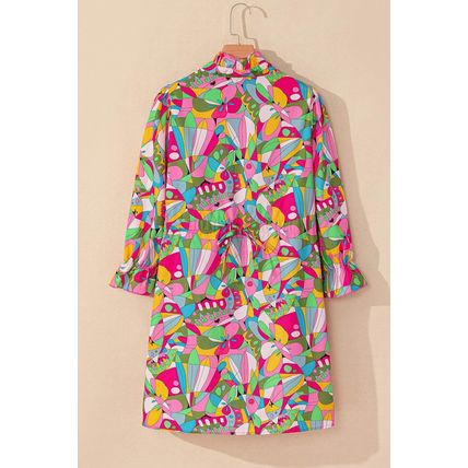 Pink Abstract Printed Lantern Sleeve Buttoned Mini Dress