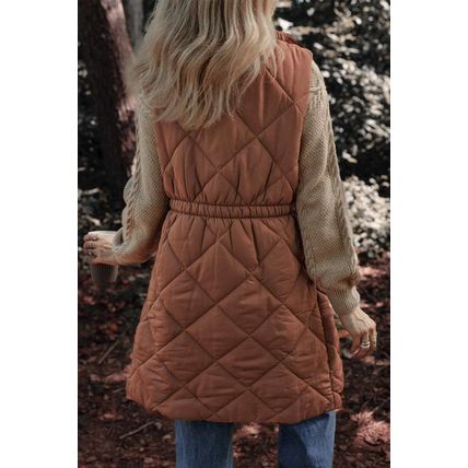 Coffee Longline Quilted Stand Collar Puffer Vest