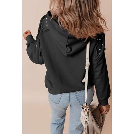 Black Solid Color Rivet Stud Raglan Sleeve Hoodie with Pocket