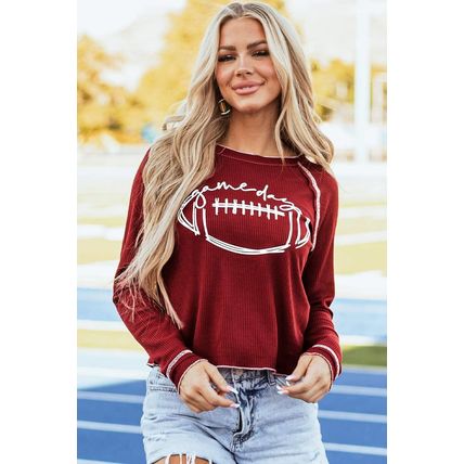 Red Game Day Rugby Football Graphic Thermal Knit Top