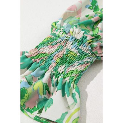 Green Leafy Printed Flounce Sleeve Shirred Mock Neck Blouse