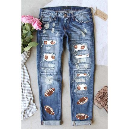 Sky Blue Sequin Rugby Football Patchwork Distressed Straight Leg Jeans