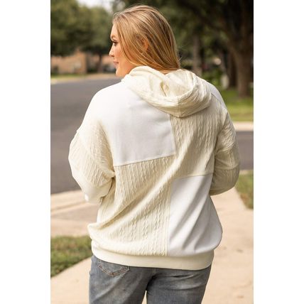 Beige Textured Patchwork Exposed Seam Plus Size Hoodie