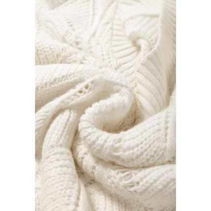 Beige Hollow Out Knit V Neck Drop Shoulder Sweater