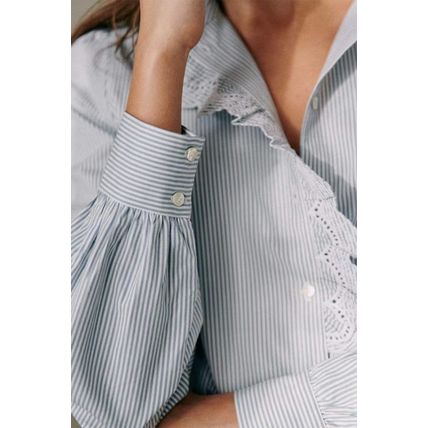 Sky Blue Stripe Frilled Trim Button Up Long Sleeve Shirt