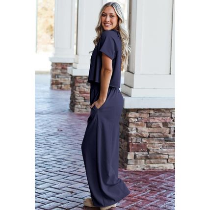 Navy Blue Raw Hem Loose Tee and Wide Leg Pants Set