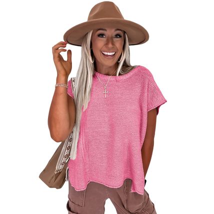 Sachet Pink Solid Color Sweater Tee with Side Slits