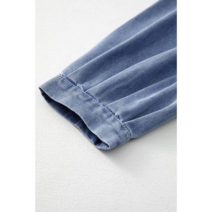 Myosotis Denim Front Pintuck Bow Tie Puff Sleeve Top