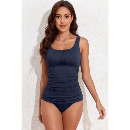 Navy Blue Ruched U Neck Ribbed Tankini