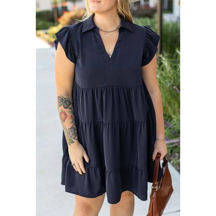Navy Blue Collared V Neck Flutter Sleeve Tiered Plus Size Dress
