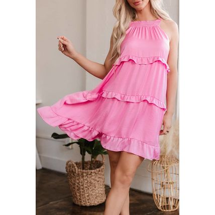 Pink Smocked Neck Knot Back Frilly Tiered Sleeveless Mini Dress