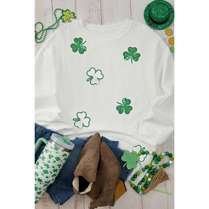 White Sequin Clover Patched Drop Shoulder Corded Sweatshirt