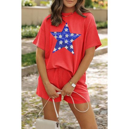 Orange Sequined July 4th Star Graphic Twist Ribbed Short 2pcs Outfit