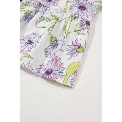 Purple Floral Print Striped Detail Split Neck Flounce Short Sleeve Peplum Blouse