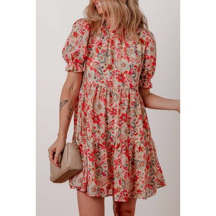 Multicolour Floral Print Frilled Neck Puff Sleeve High Waist Dress