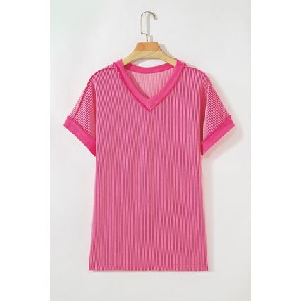 Rose Red Twisted Ribbed Knit V Neck Casual Tee
