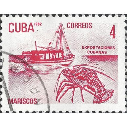 CUBA, SHIP, Fishing vessel and lobster, red-violet 1982, 4c, #2